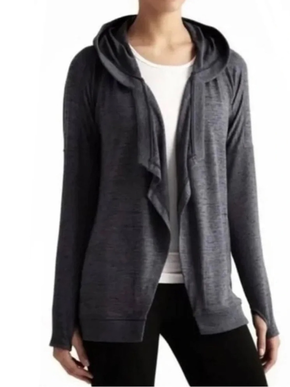 Athleta Blissful Wrap Hooded Cardigan Sweater Open Front Charcoal Grey XS